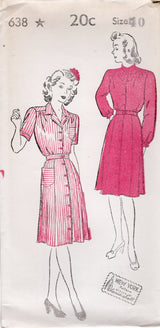 1940's New York Button Up Shirtwaist Dress Pattern with Regular Collar or Pussy Bow Collar - Bust 32-40" - No. 638