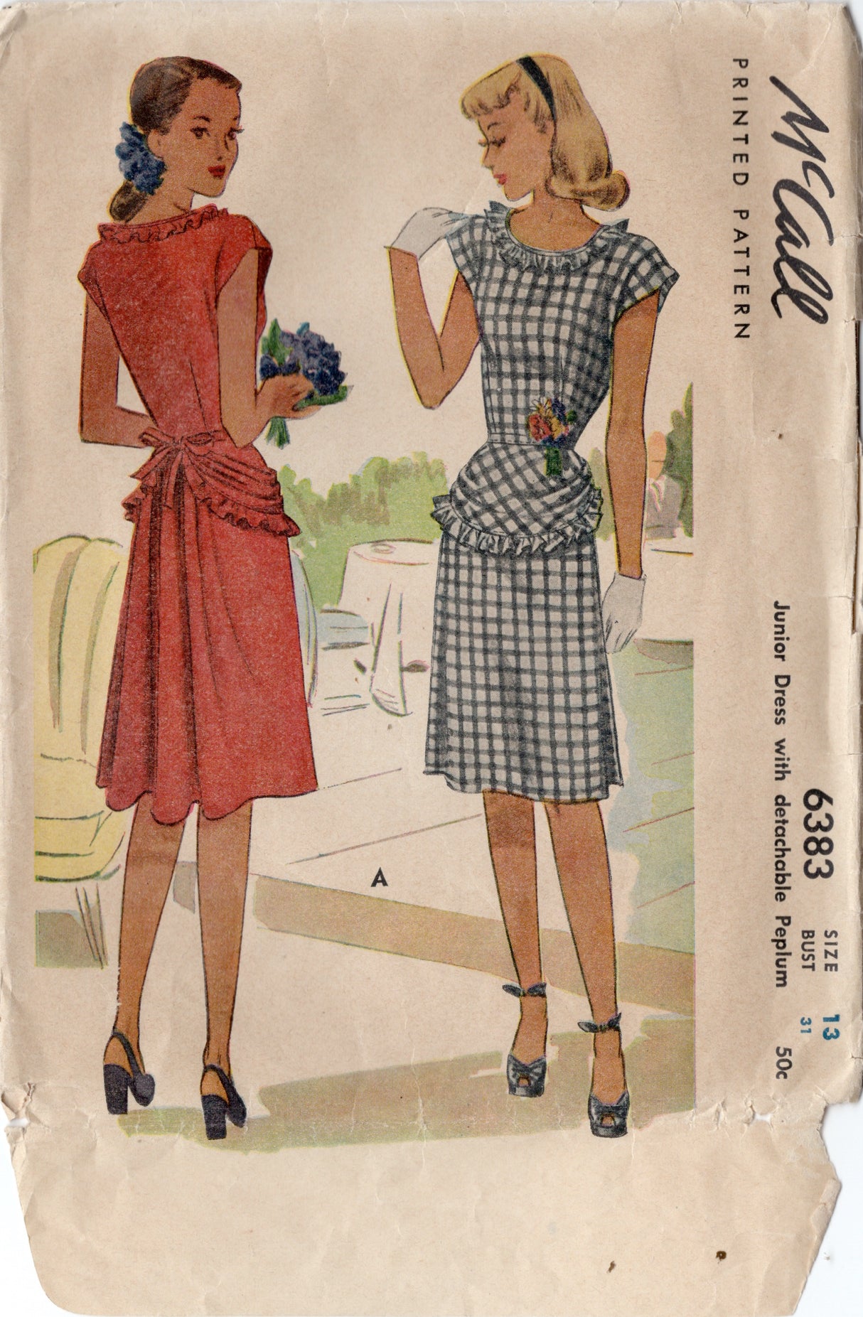 1940's McCall Dress Pattern with Tie-on Peplum - Bust 31" - No. 6383
