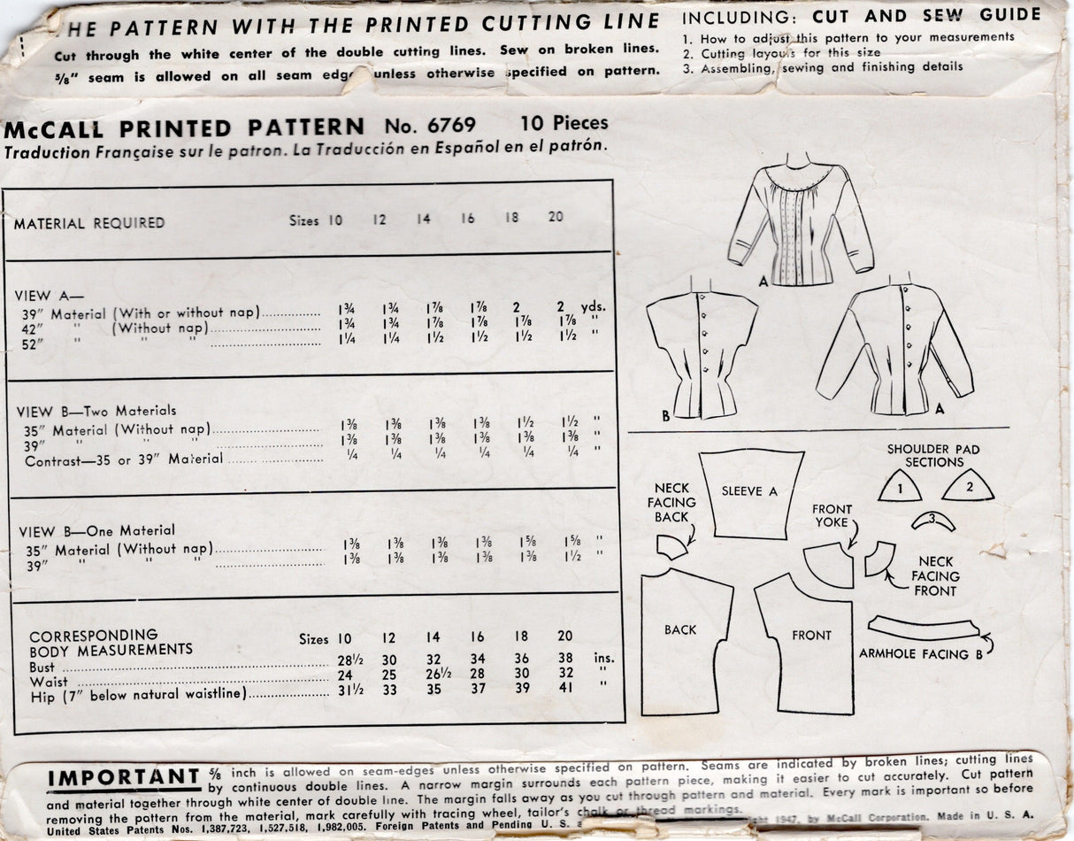1940's McCall Pintuck Blouse Pattern with Large Yoke - Bust 30" - No. 6769