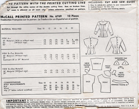 1940's McCall Pintuck Blouse Pattern with Large Yoke - Bust 30" - No. 6769