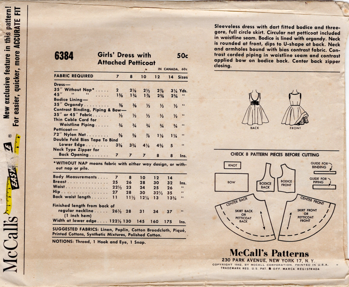1960's McCall's Child's Low Back Dress Pattern with Built in Petticoat - Chest 28" - No. 6384