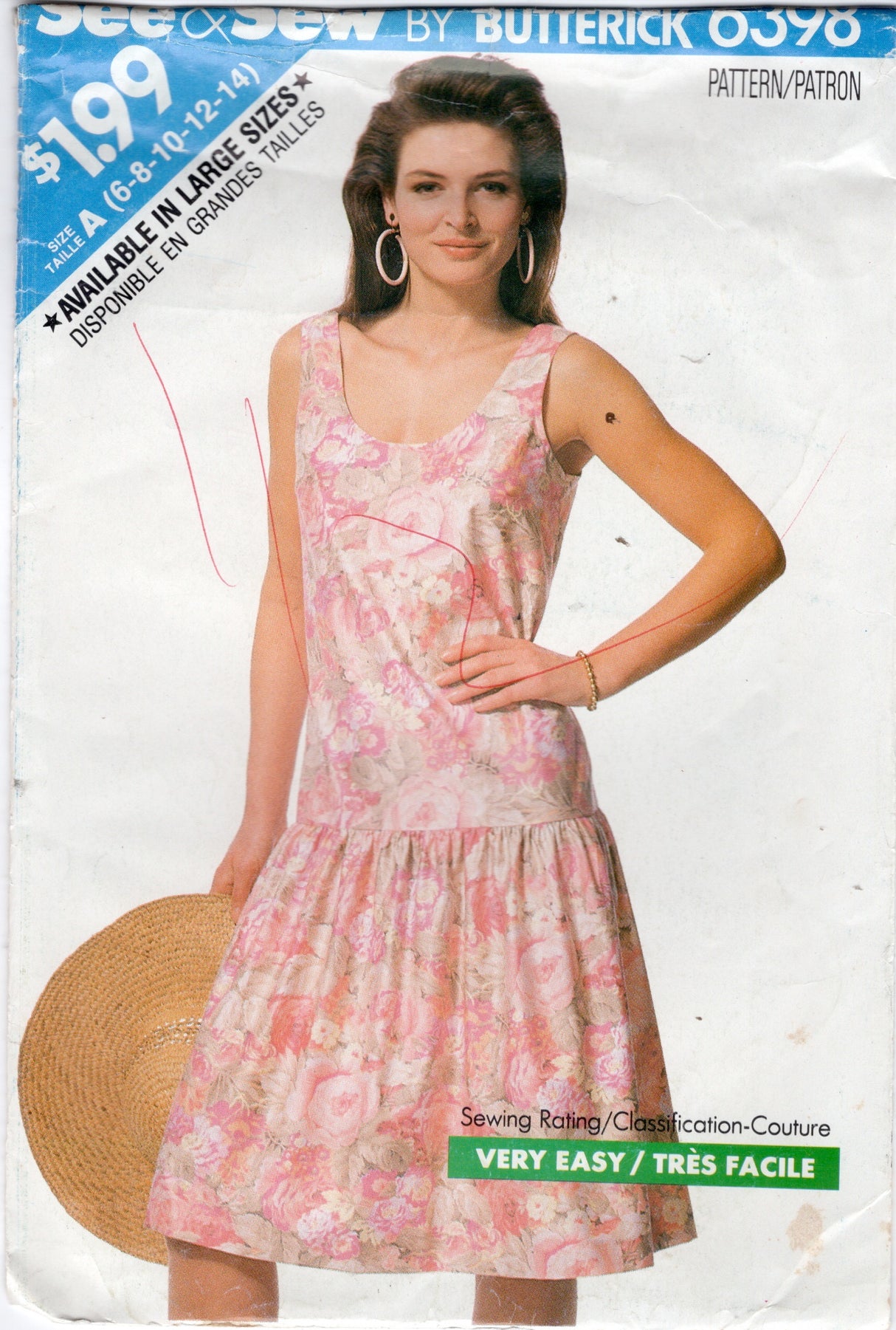 1980's See & Sew Butterick Drop Waist Sleeveless Dress Pattern - Bust 30.5-36" - No. 6398