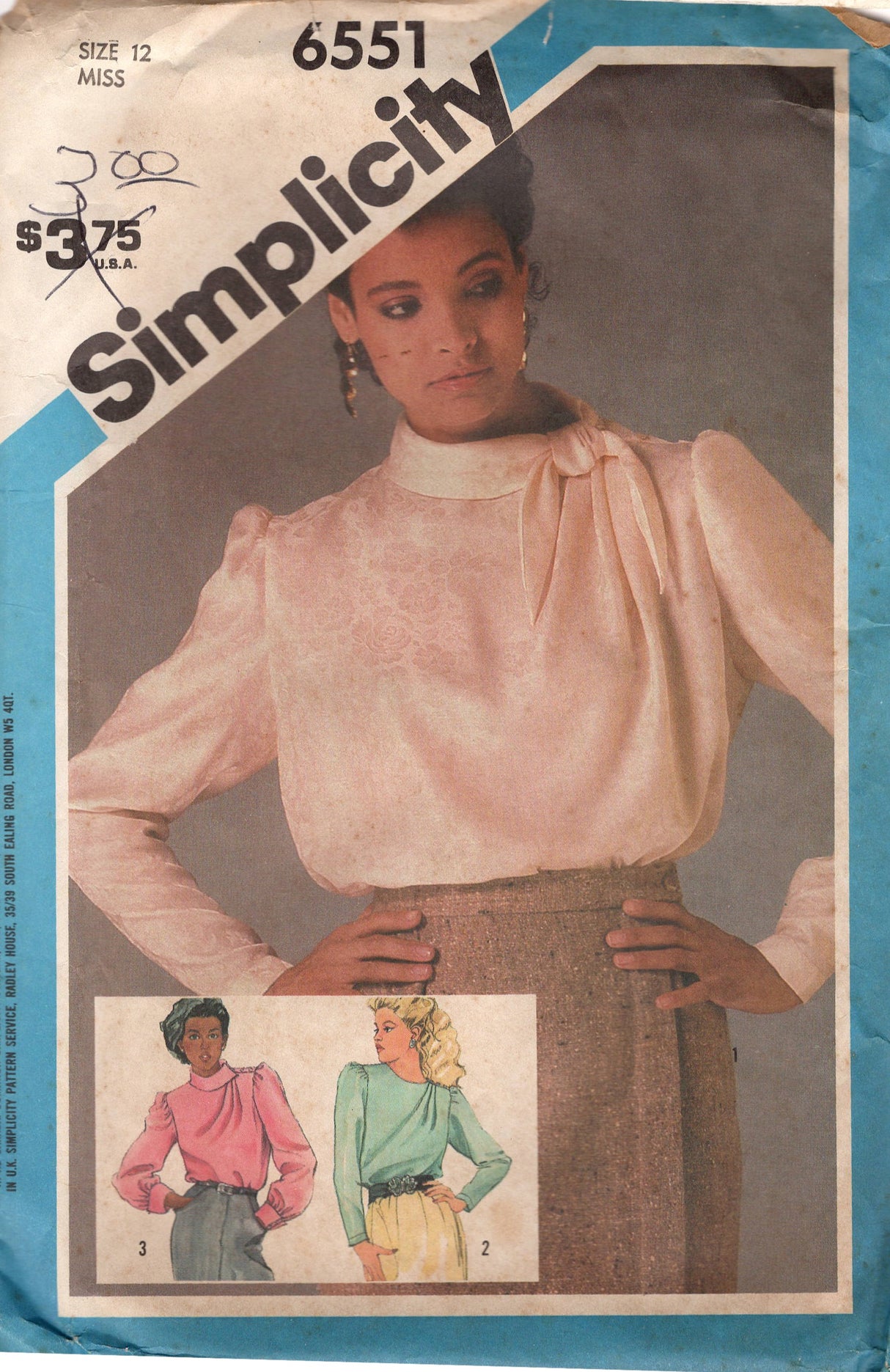 1980's Simplicity Blouse Pattern with Tucked Front with or without collar - Bust 34" - No. 6551