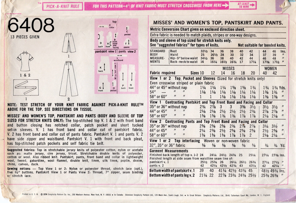 1970's Simplicity Pulllover Blouse, Pant-Skirt and Pants pattern - Bust 46" - No. 6408