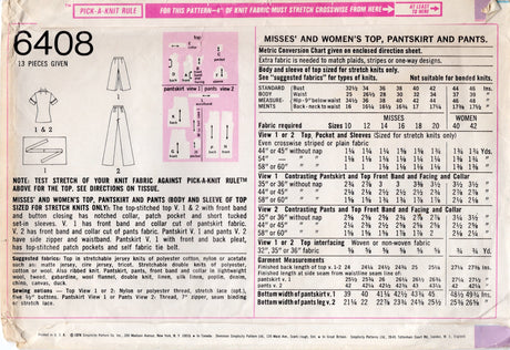 1970's Simplicity Pulllover Blouse, Pant-Skirt and Pants pattern - Bust 46" - No. 6408