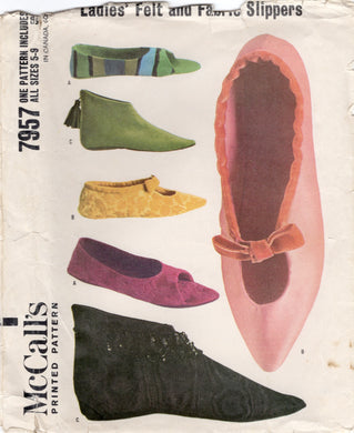 1960's McCall's Felt and Fabric Slippers Pattern - One size - No. 7957