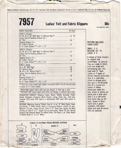 1960's McCall's Felt and Fabric Slippers Pattern - One size - No. 7957