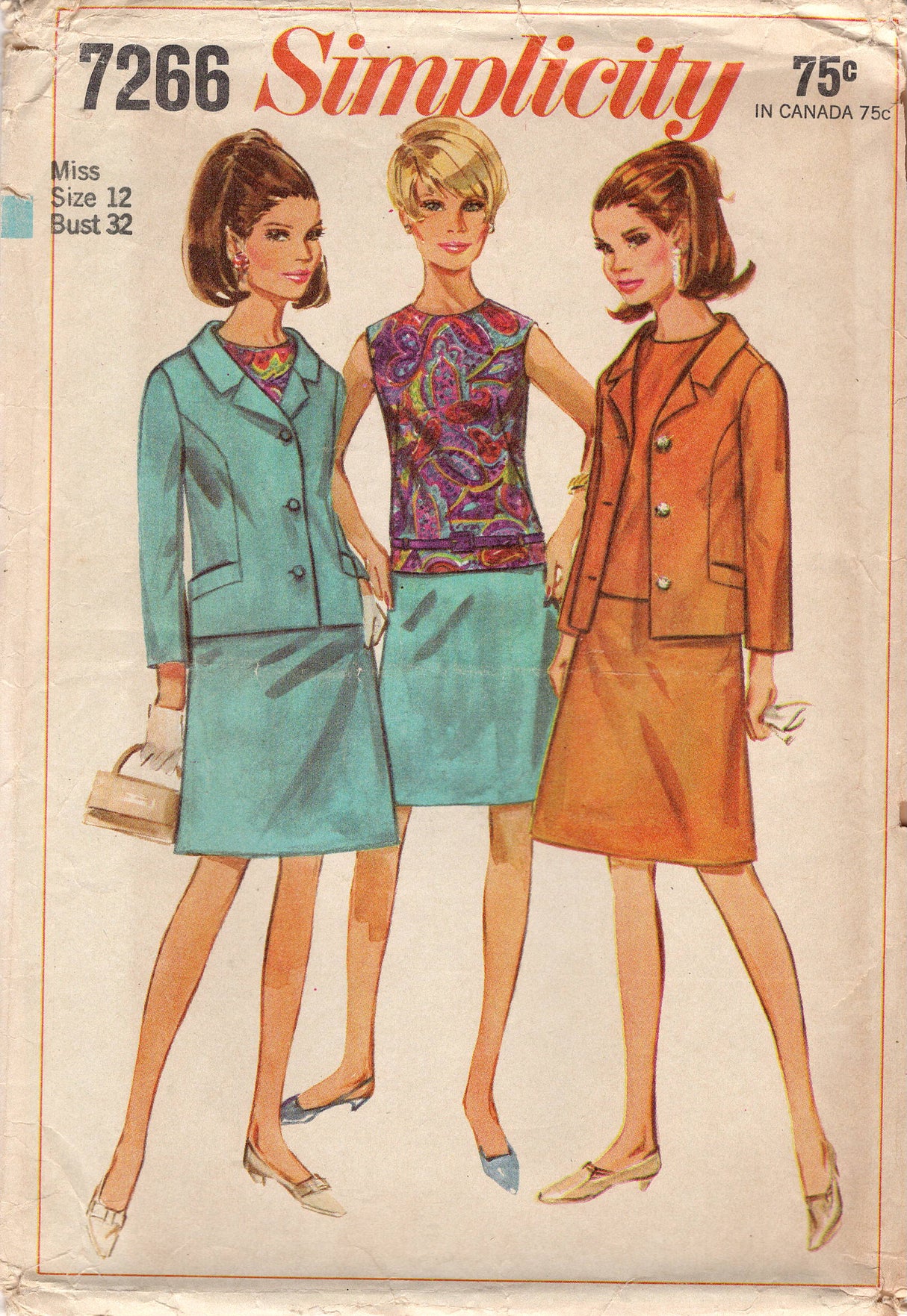 1960's Simplicity Suit Pattern with Straight Skirt, Overblouse and Boxy Jacket - Bust 32" - No. 7266