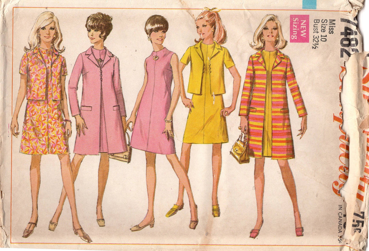 1960's Simplicity Sleeveless Dress, Boxy Jacket and A line Coat - Bust 32.5" - No. 7482