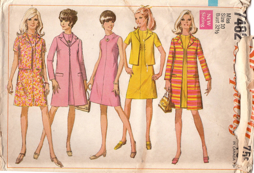 1960's Simplicity Sleeveless Dress, Boxy Jacket and A line Coat - Bust 32.5