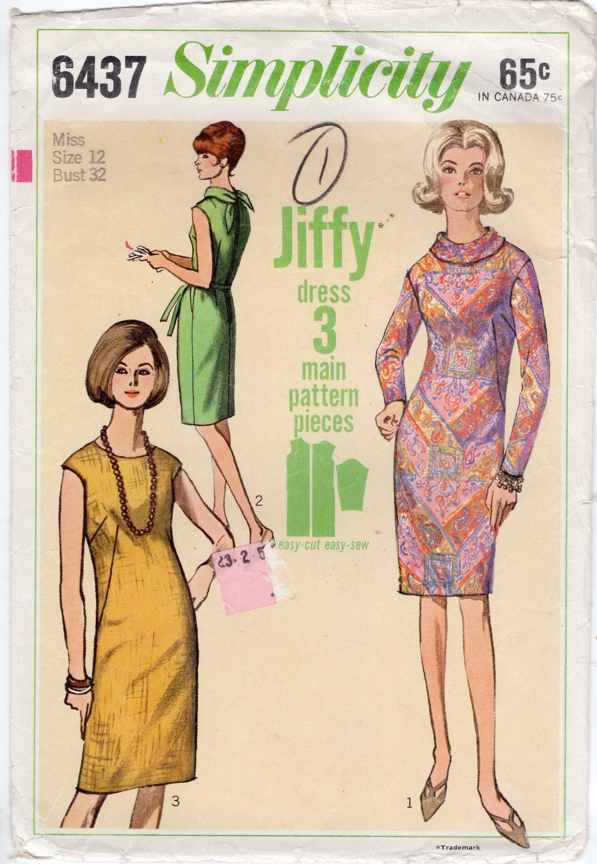 1960's Simplicity Jiffy Sheath Dress with Tie Collar - Bust 32" - No. 6437