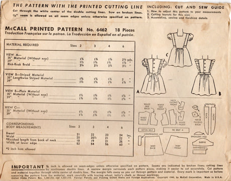 1940's McCall Child's One Piece Pinafore Dress with optional Side Panels and Sleeves Pattern - Sz 4 - Chest 23" - No. 6462