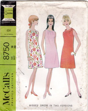 1960's McCall's Shift Dress with or without Tie Collar - Bust 38
