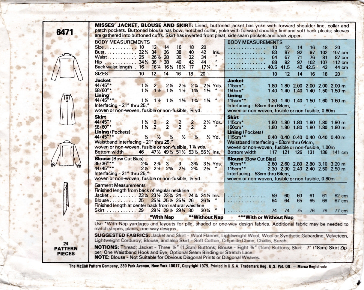 1970's McCall's Pussy Bow Blouse, Flared Midi Skirt and Jacket Pattern - Bust 32.5" - No. 6471