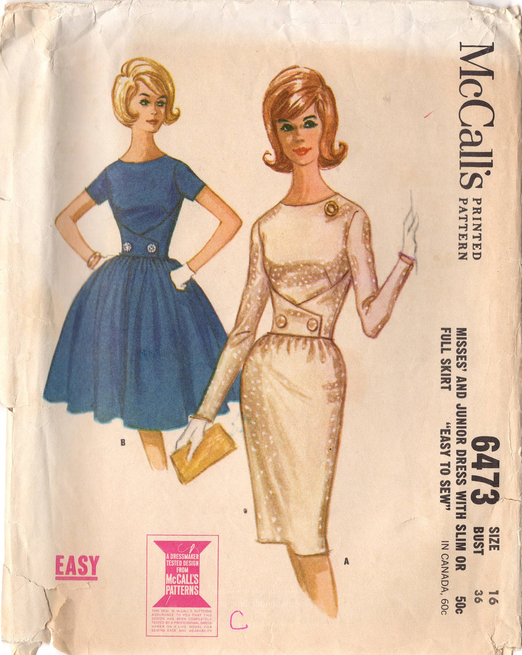 1960's McCall's Double Breasted Fitted Waist and Short or Long Sleeves Pattern - Bust 36