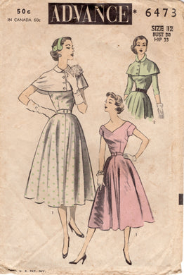 1950's Advance Sweetheart Neckline Fit and Flare Dress and Cape Pattern - Bust 30