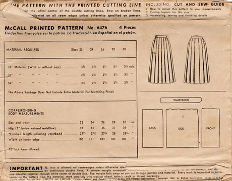 1940's McCall Pleated Skirt Pattern - Waist 26" - No. 6476