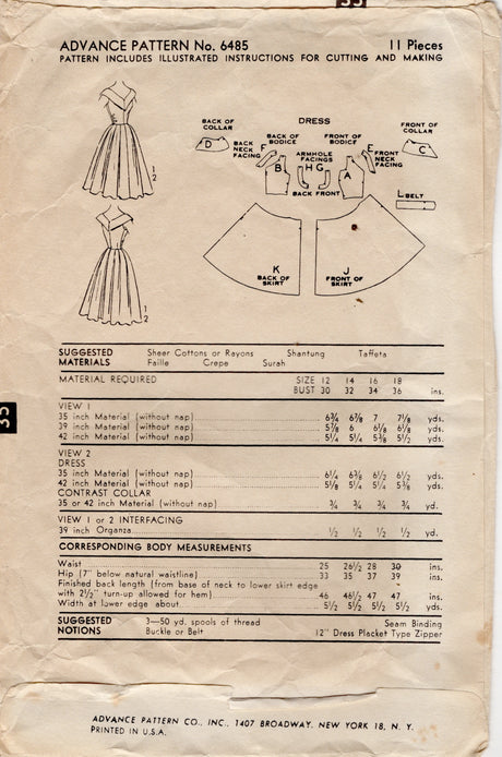 1950's Advance Off the Shoulder One Piece Dress Pattern with Gently Gathered Bodice - Bust 34" - No. 6485