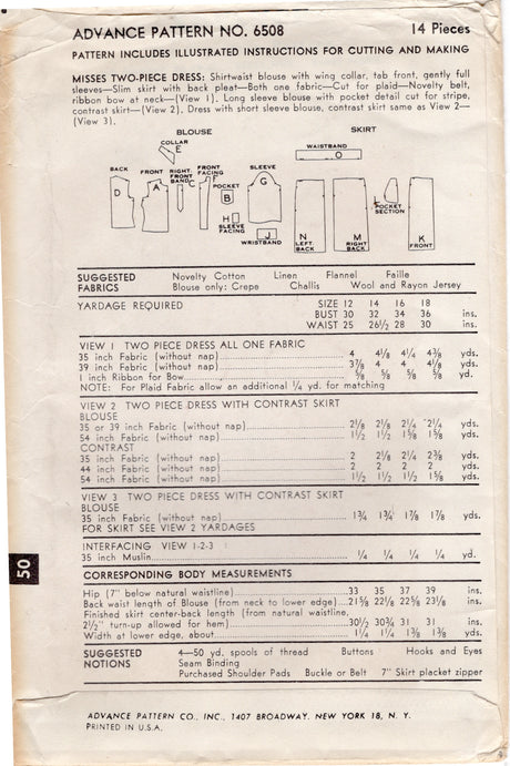 1950's Advance Two Piece Dress Pattern - Bust 36" - No. 6508