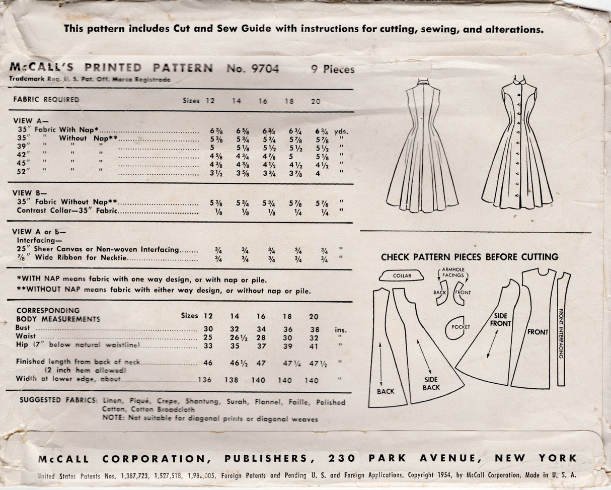 1950’s McCall's Princess Line Button Up Dress Pattern - Bust 32" - No. 9704