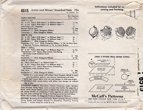 1960's McCall's Smocked Hats - Heads size 21.5-22.5" - No. 6515