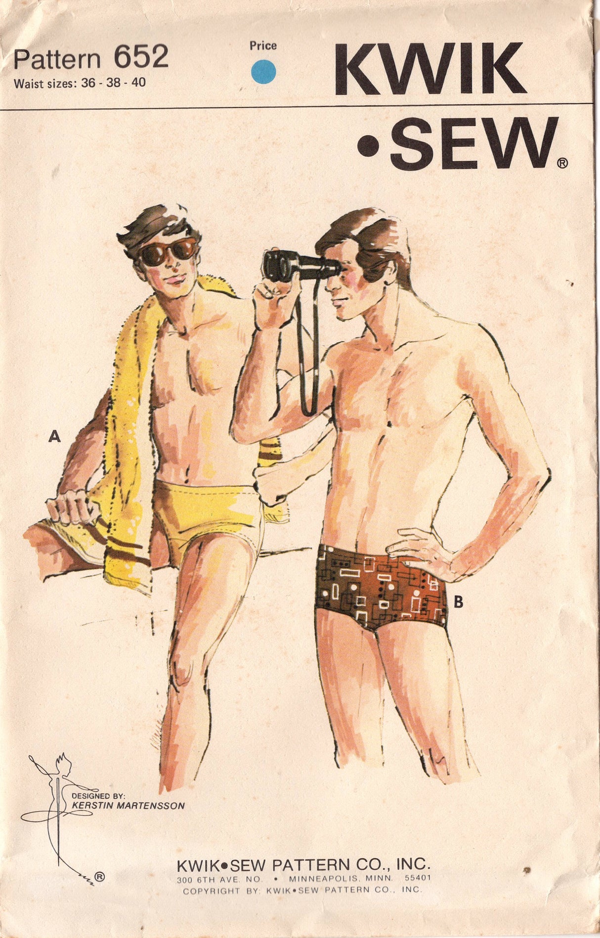 1970's Kwik Sew Men's Swim Trunks in Bikini or Regular Length Pattern - Waist 36-40" - No. 652