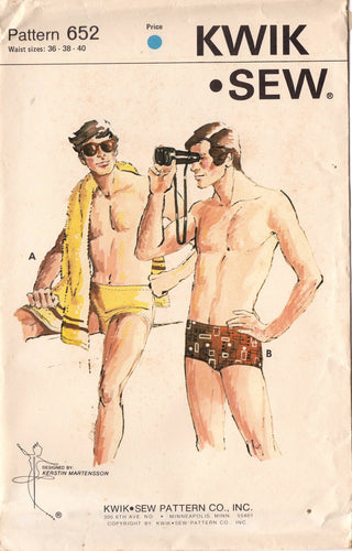 1970's Kwik Sew Men's Swim Trunks in Bikini or Regular Length Pattern - Waist 36-40