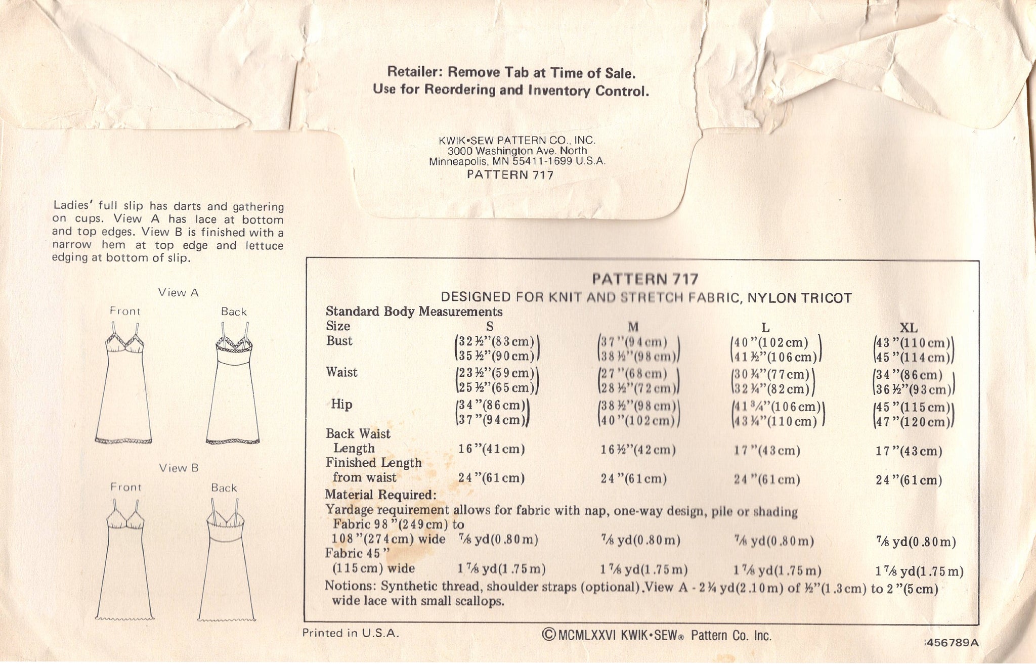 Kwik Sew 716 Half Slip in three lengths Size: S-XL Uncut Sewing