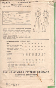 1940's Hollywood House Coat or Dress Pattern with Triangle Pocket - Bust 30" - No. 653