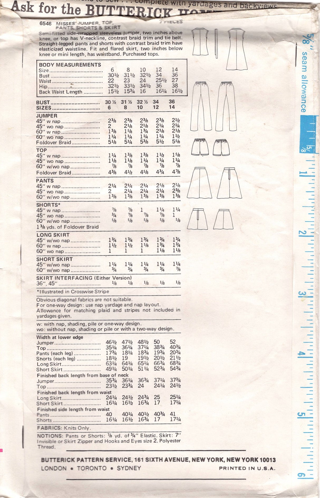 1970's Butterick Crossover Front Jumper Dress, High waisted pants or Shorts and A line Skirt Pattern - Bust 31.5" - No. 6546