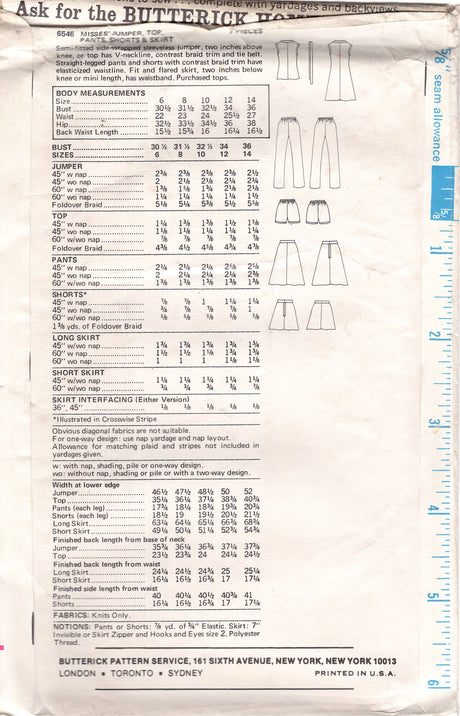 1970's Butterick Crossover Front Jumper Dress, High waisted pants or Shorts and A line Skirt Pattern - Bust 31.5" - No. 6546