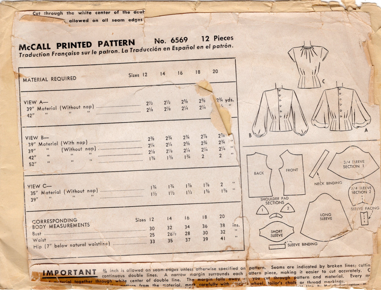 1940's McCall High Neckline Blouse with Short, Lantern or Long Sleeve Pattern - Bust 32" - No. 6569