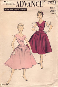 1950's Advance One Piece Fitted Bodice Dress with Pleated Full Skirt and Large Collar or Large Puff Sleeve - Bust 32" - No. 7078