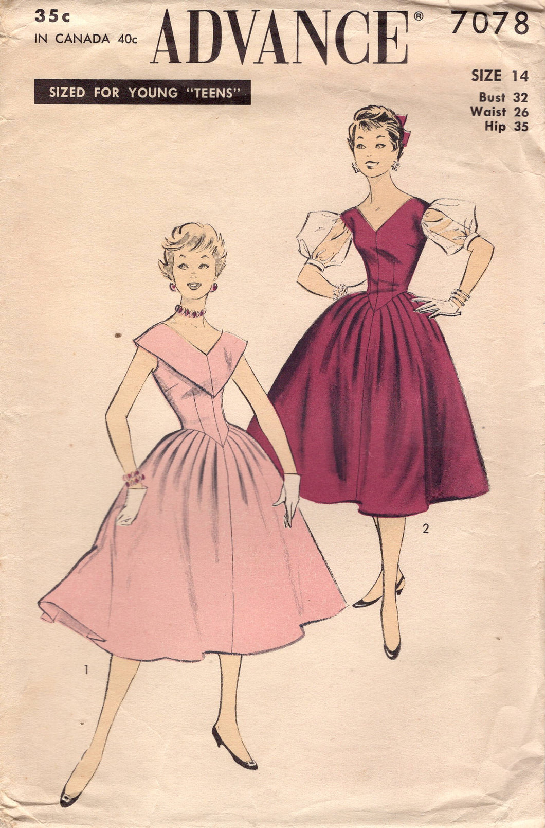 1950's Advance One Piece Fitted Bodice Dress with Pleated Full Skirt and Large Collar or Large Puff Sleeve - Bust 32