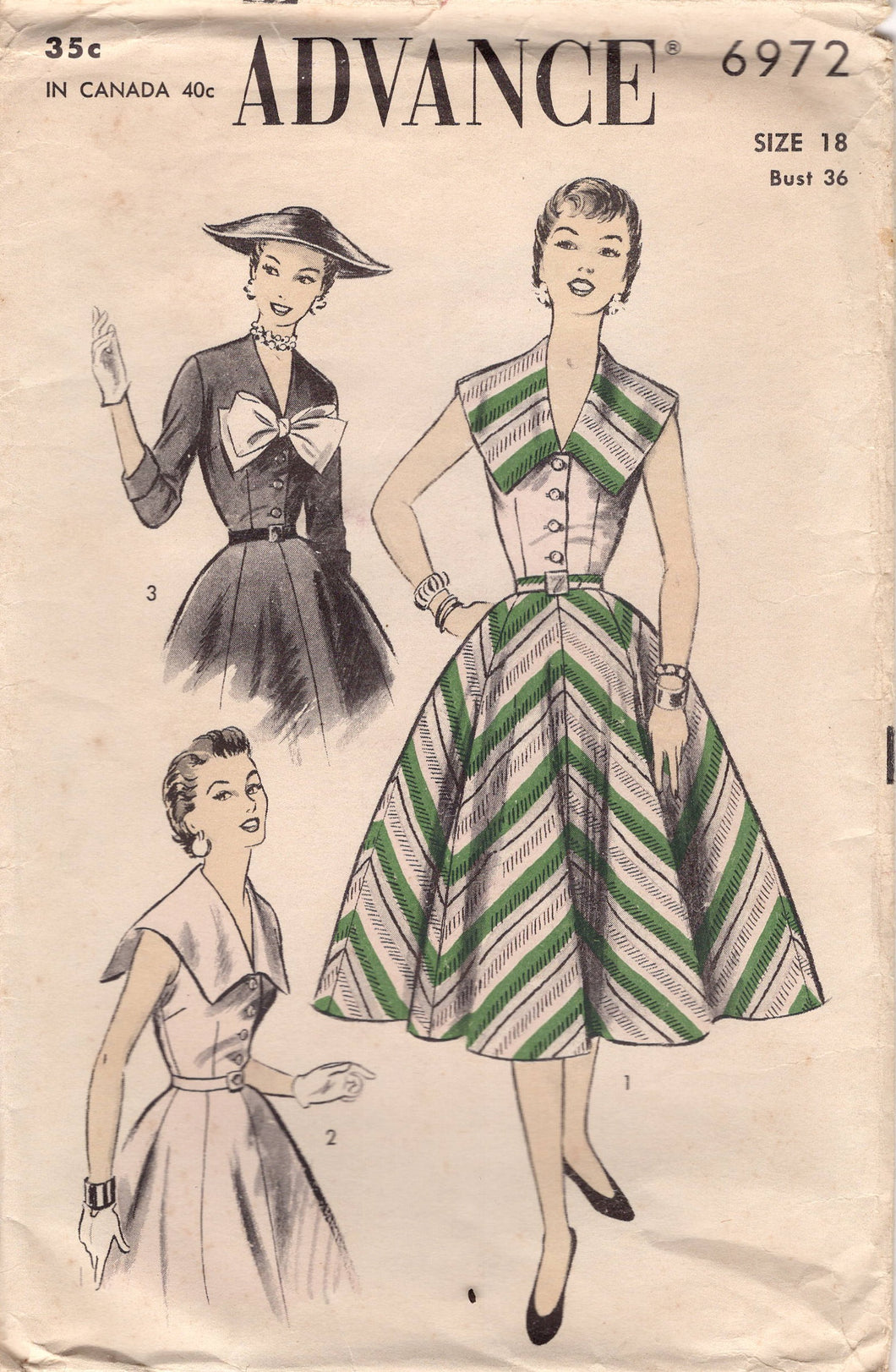 1950's Advance Shirtwaist Dress with 8 Gore Skirt and Large Collar or Bow - Bust 36