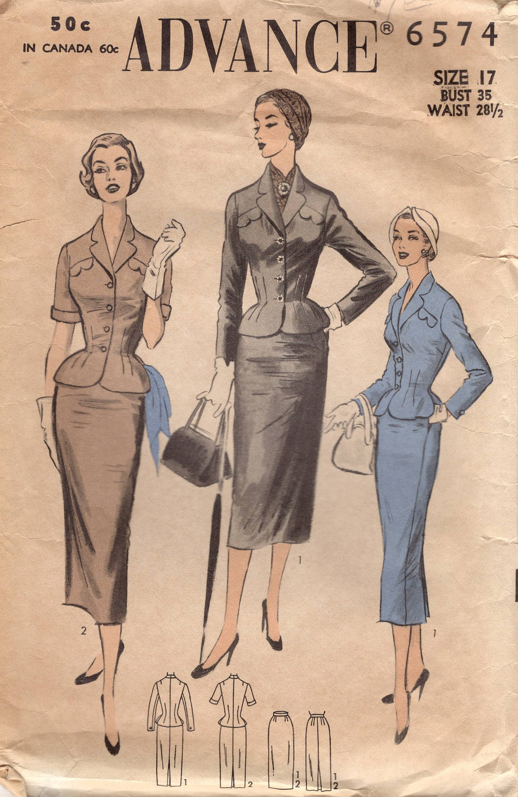 1950's Advance Two Piece Dress Suit pattern with Scallop Flap Detail - Bust 35