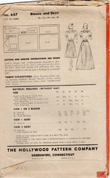 1940's Hollywood Square Neckline Blouse and Pleated Skirt Pattern - Bust 28" - No. 657