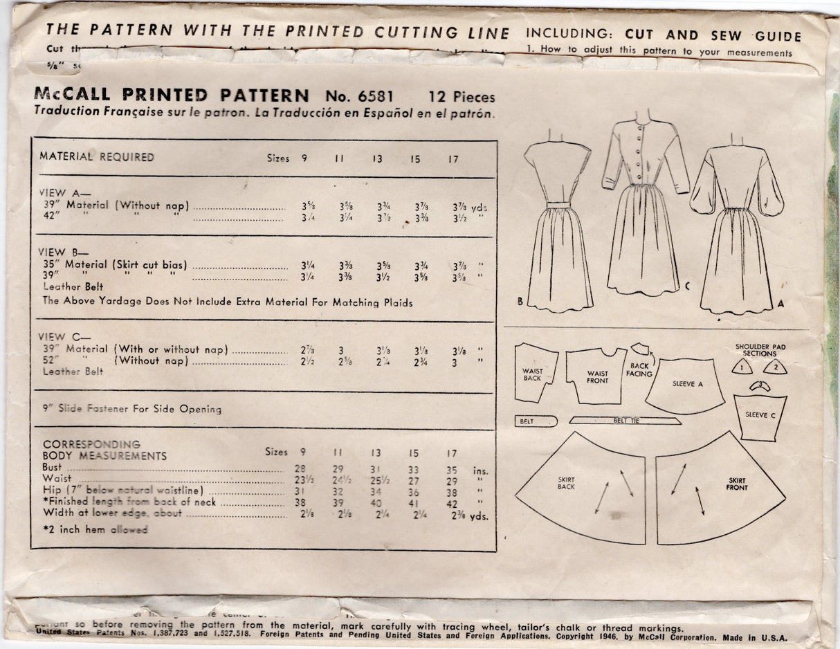 1940's McCall Shirtwaist Dress Pattern with Large Balloon Elbow Length Sleeves - Bust 33" - No. 6581