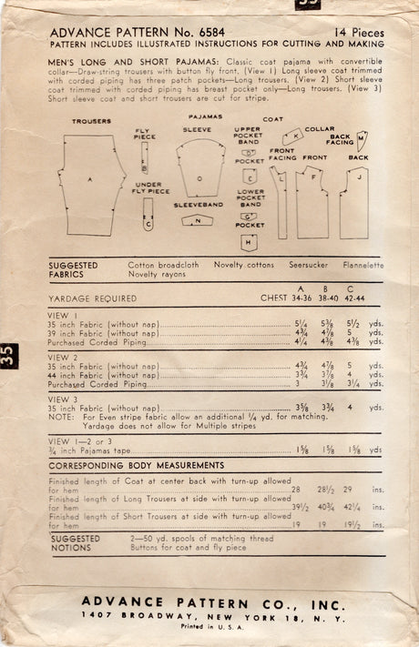 1950's Advance Men's Two Piece Pajama Pattern - Chest 42-44" - No. 6584