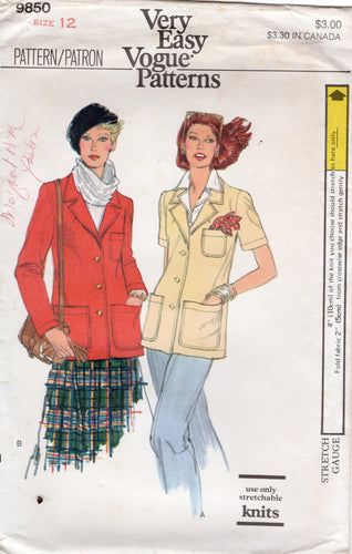 1970's Vogue Unlined Jacket or Shirt Pattern - Bust 34