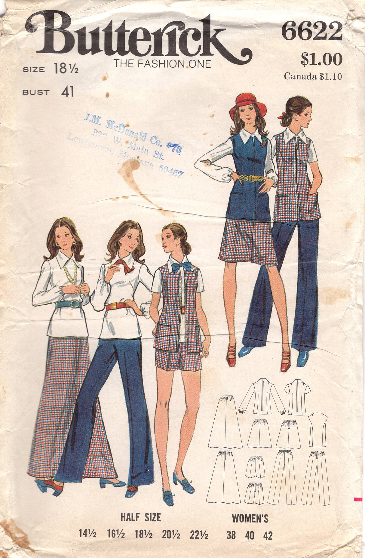 1970's Butterick Jacket, Skirt in Two Lengths, High-waisted Pants or Shorts and Blouse Pattern- Bust 41" - No. 6622