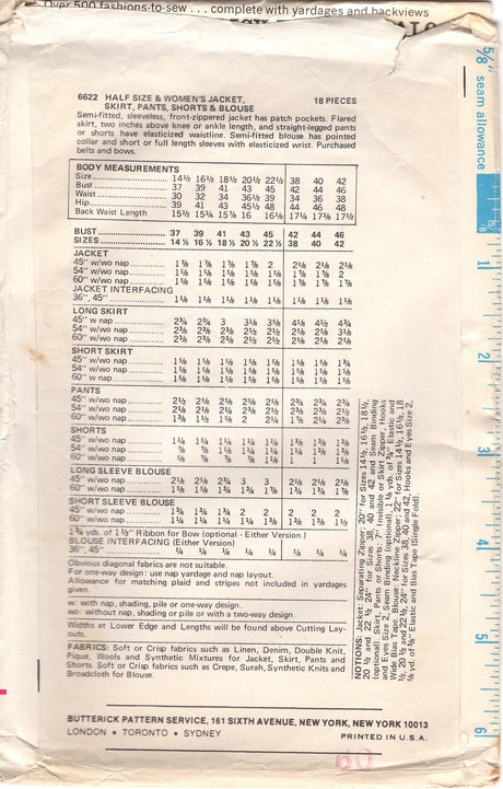 1970's Butterick Jacket, Skirt in Two Lengths, High-waisted Pants or Shorts and Blouse Pattern- Bust 41" - No. 6622