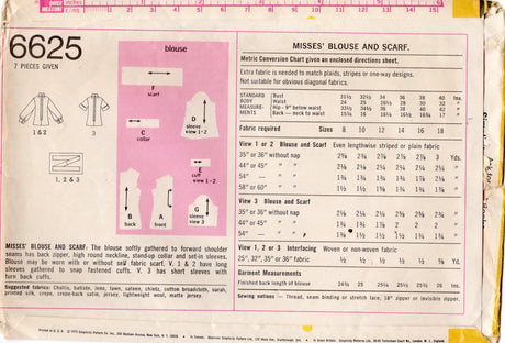 1970’s Simplicity Yoked Blouse with Pussy Bow Pattern - Bust 36” - No.6625