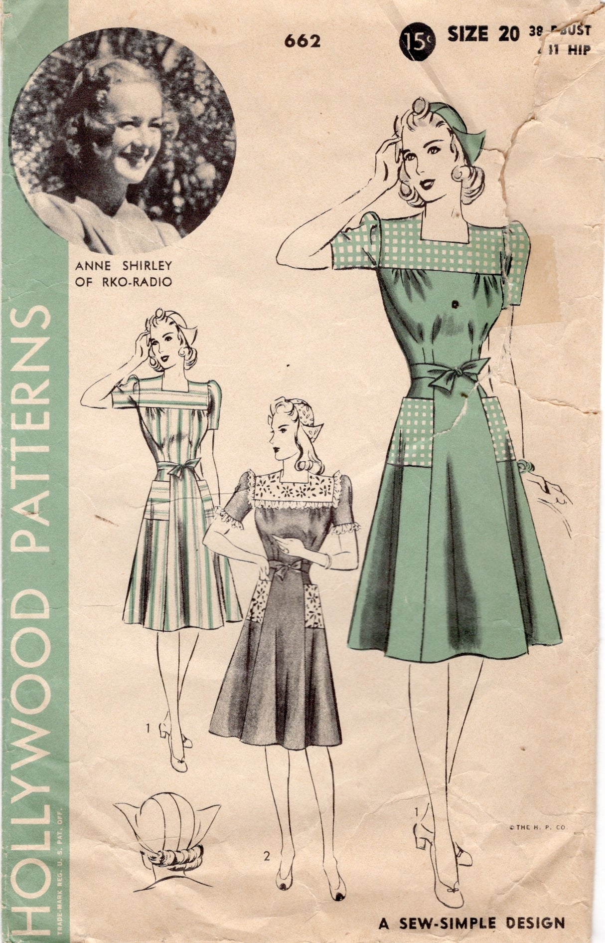1940's Hollywood Yoked Dress and Cap Pattern - Bust 38" - No. 662