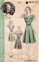 1940's Hollywood Yoked Dress and Cap Pattern - Bust 38" - No. 662