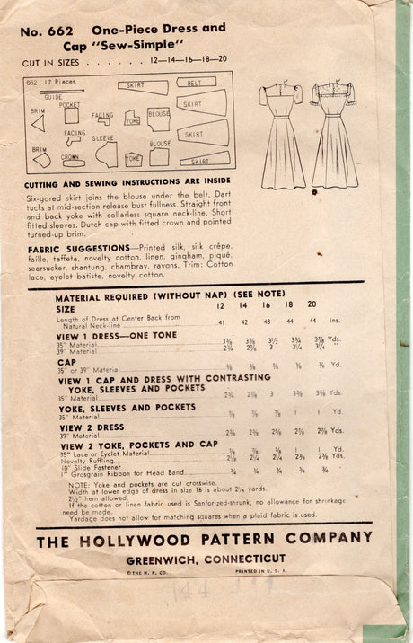 1940's Hollywood Yoked Dress and Cap Pattern - Bust 38" - No. 662