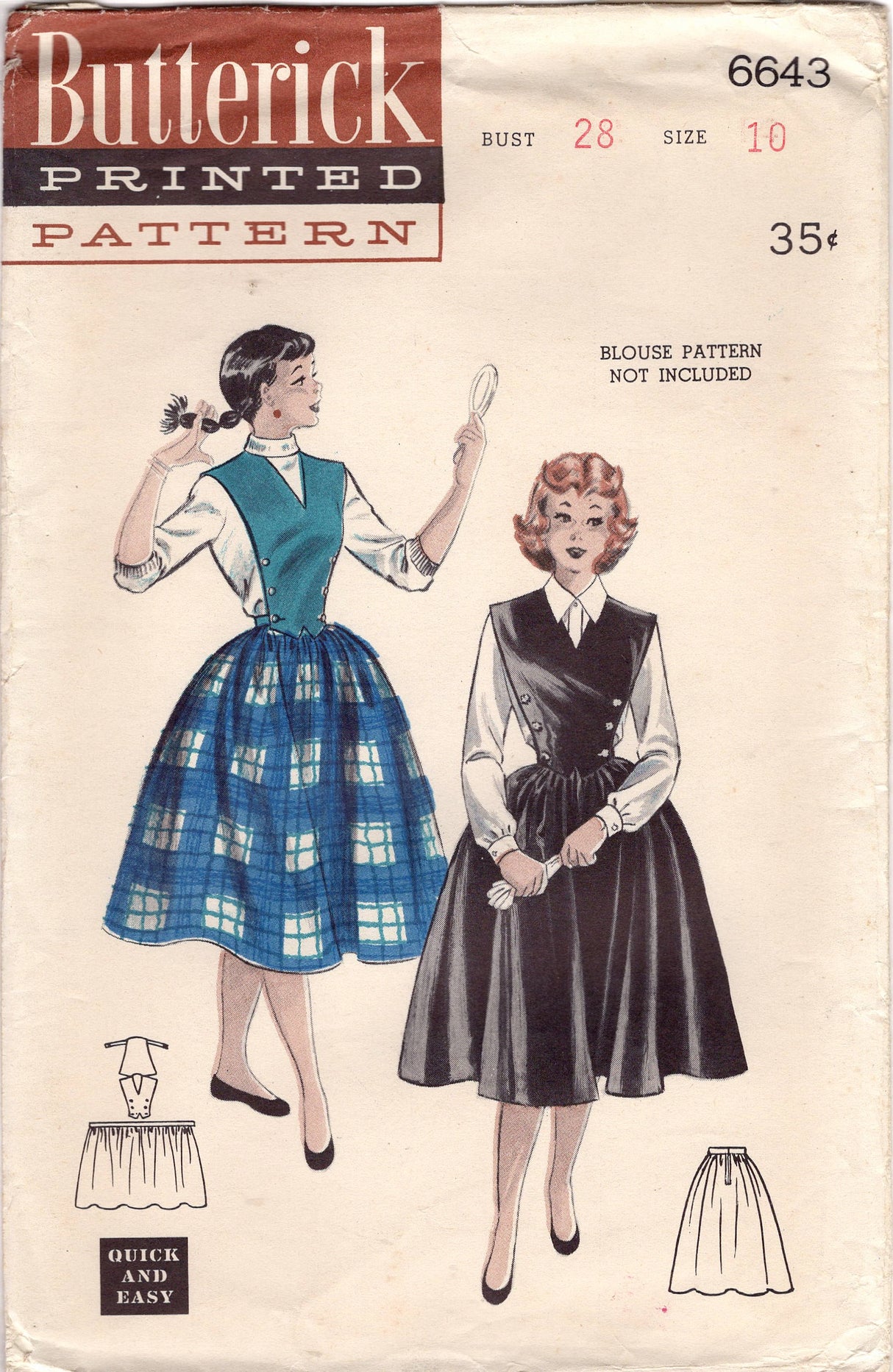 1950's Butterick Gathered Full Skirt and Pull-over Poncho Pattern - Bust 28-30" - No. 6643