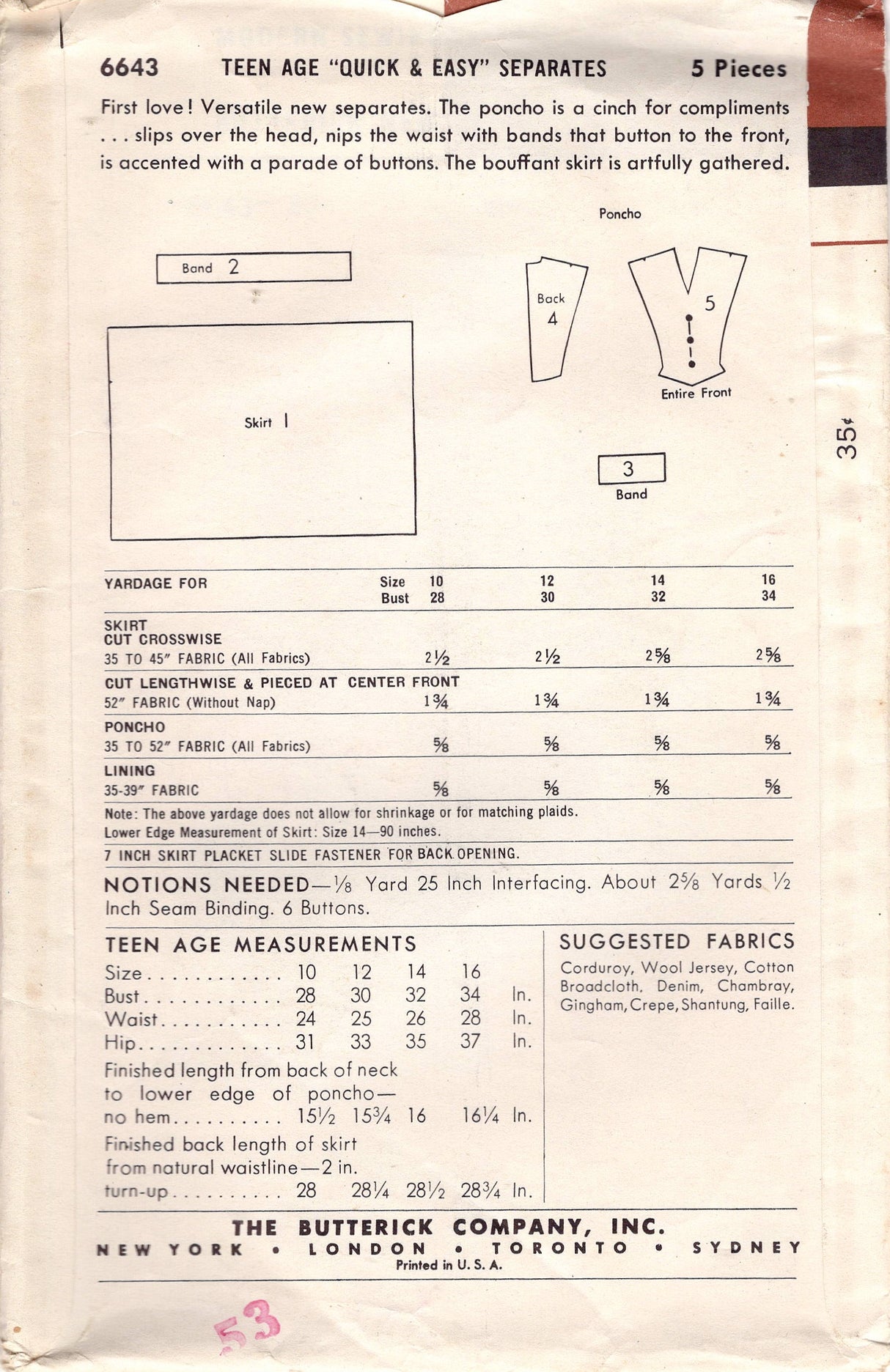 1950's Butterick Gathered Full Skirt and Pull-over Poncho Pattern - Bust 28-30" - No. 6643