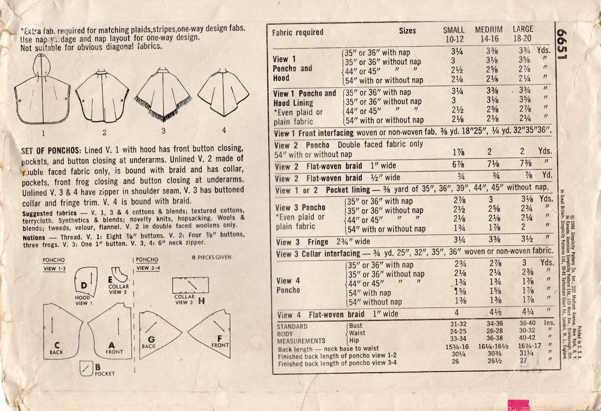 1960's Simplicity Set of Poncho's with or without Hood Pattern - Bust 31-32" - No. 6651