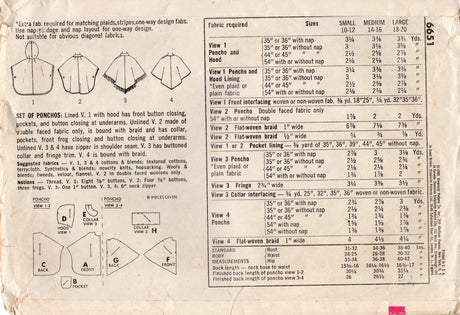 1960's Simplicity Set of Poncho's with or without Hood Pattern - Bust 31-32" - No. 6651